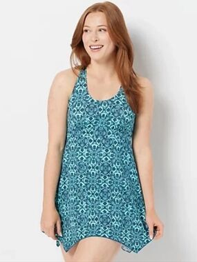 d&co Beach Handerchief Hem Mallard Blue One Piece Swim Dress  Size 18W, NWOT